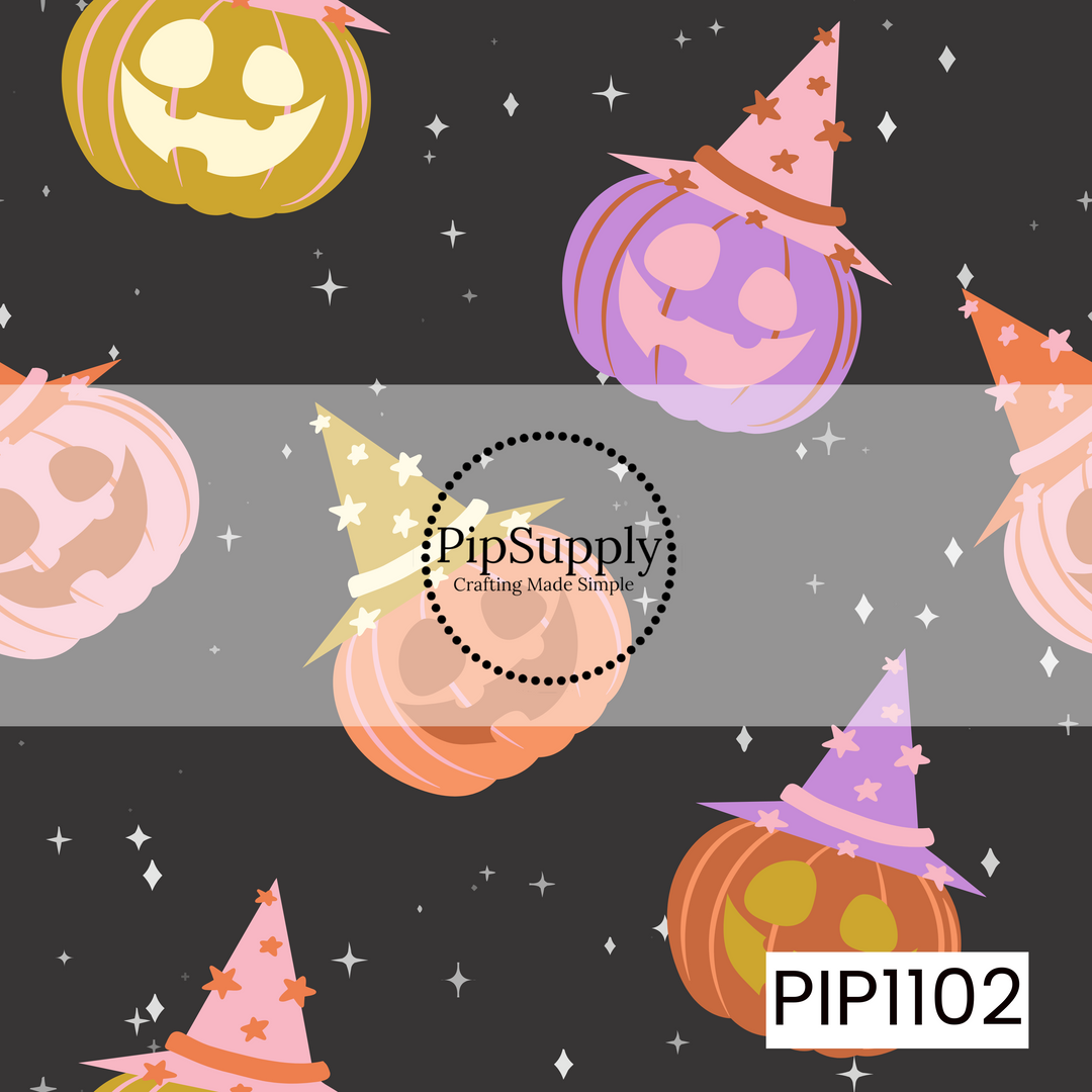 A whimsical seamless pattern featuring colorful jack-o'-lanterns wearing star-covered witch hats on a charcoal black background. Twinkling stars and playful pastel Halloween colors create a magical, spooky-cute design with a charming enchanted feel.
