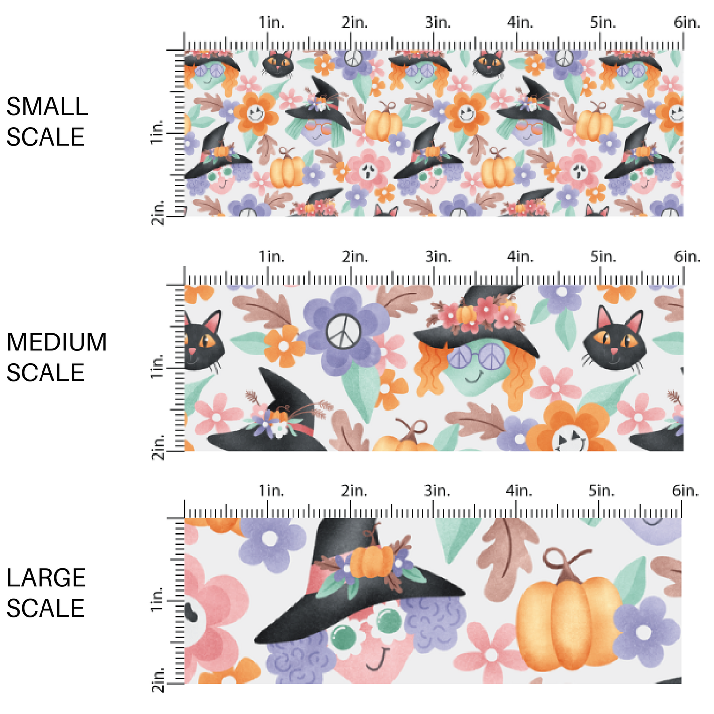 This scale chart of small scale, medium scale, and large scale of these Halloween themed cream fabric by the yard features witches, hats, black cats, small daisies, and pumpkins on cream. This fun spooky themed fabric can be used for all your sewing and crafting needs!