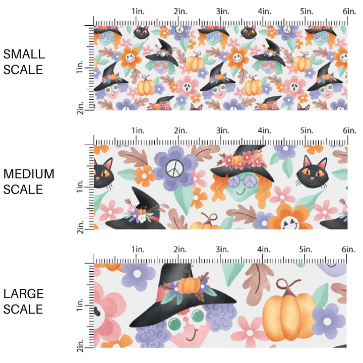 This scale chart of small scale, medium scale, and large scale of these Halloween themed cream fabric by the yard features witches, hats, black cats, small daisies, and pumpkins on cream. This fun spooky themed fabric can be used for all your sewing and crafting needs!