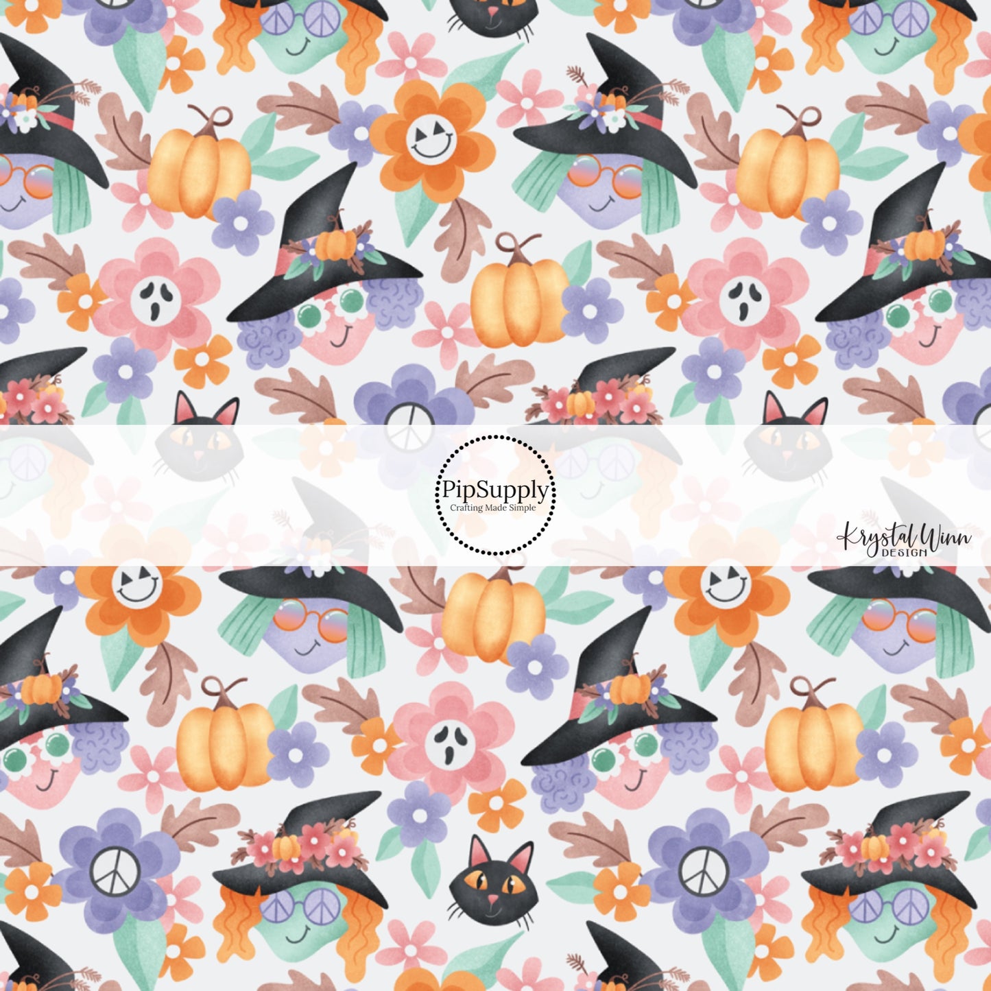These Halloween themed cream fabric by the yard features witches, hats, black cats, small daisies, and pumpkins on cream. This fun spooky themed fabric can be used for all your sewing and crafting needs! 