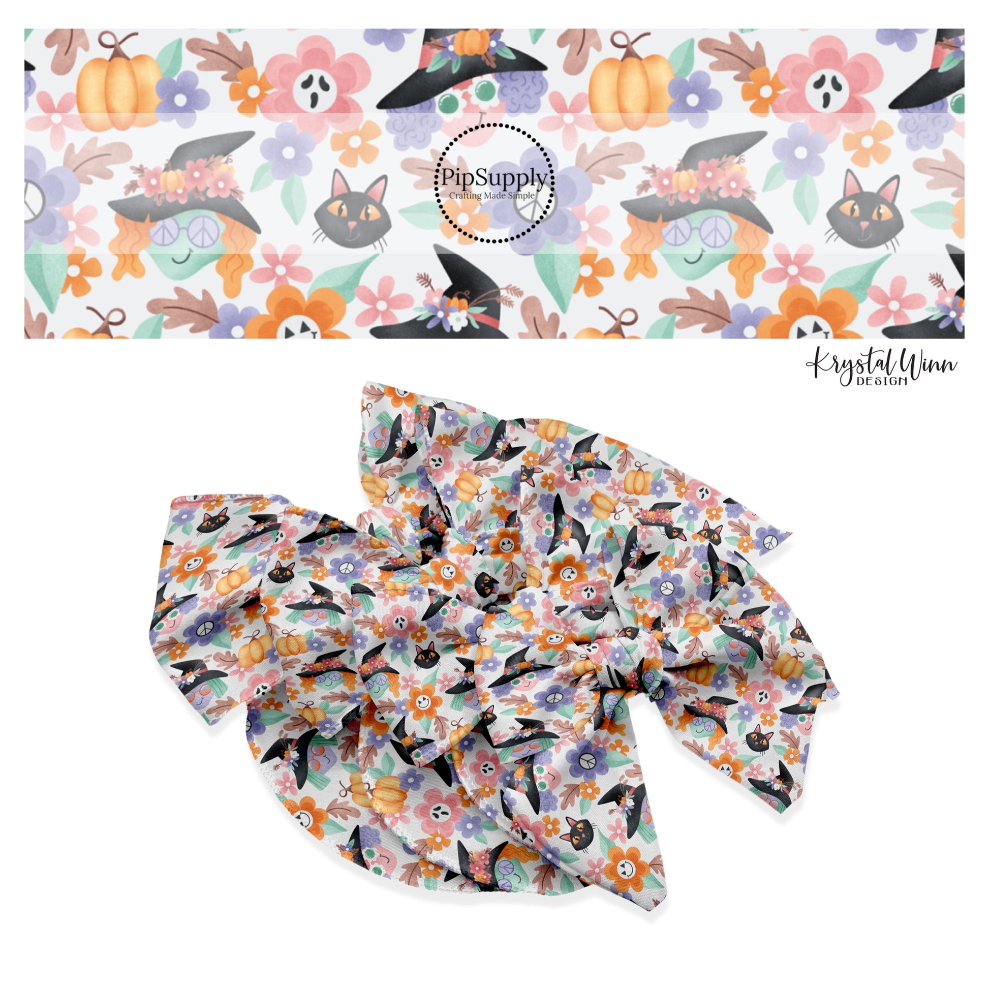 These Halloween themed cream no sew bow strips can be easily tied and attached to a clip for a finished hair bow. These fun spooky bow strips are great for personal use or to sell. The bow stripes features witches, hats, black cats, small daisies, and pumpkins on cream. 