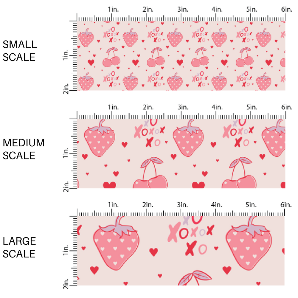 Cherries, Strawberries, Hearts, and XO's on Pale Pink Fabric by the Yard scaled image guide.