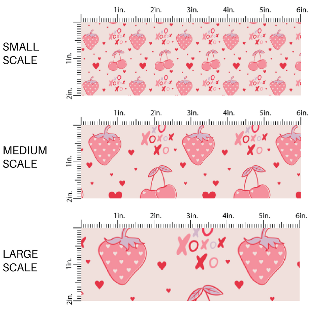 Cherries, Strawberries, Hearts, and XO's on Pale Pink Fabric by the Yard scaled image guide.