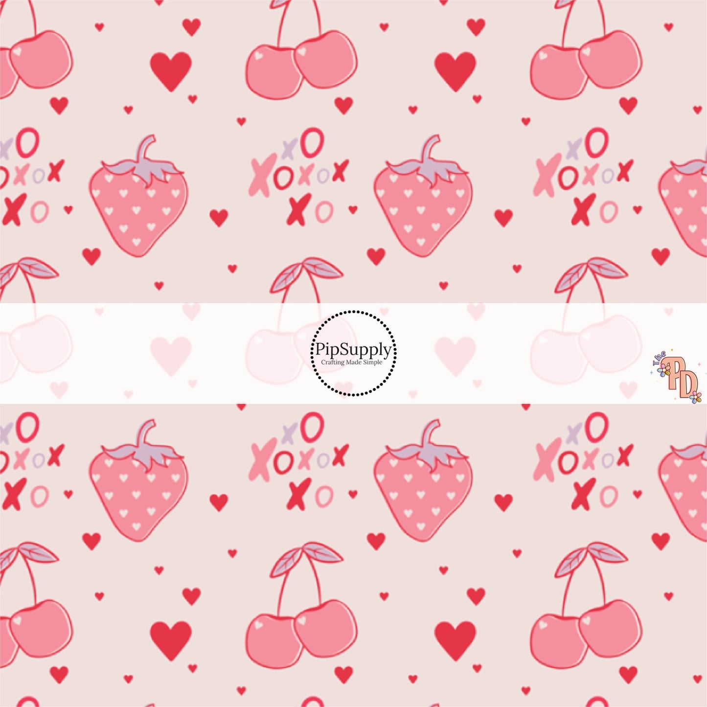 Cherries, Strawberries, Hearts, and XO's on Pale Pink  Fabric by the Yard