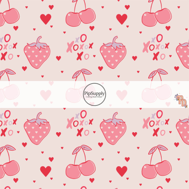 Cherries, Strawberries, Hearts, and XO's on Pale Pink  Fabric by the Yard