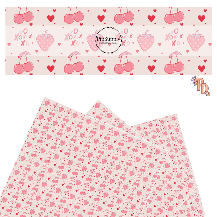 These Valentine's pattern themed faux leather sheets contain the following design elements: pink cherries and red hearts on cream. Our CPSIA compliant faux leather sheets or rolls can be used for all types of crafting projects.