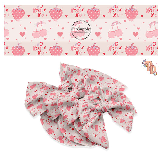 These Valentine's pattern no sew bow strips can be easily tied and attached to a clip for a finished hair bow. These Valentine's Day bow strips are great for personal use or to sell. This cute pattern features pink cherries and red hearts on cream. 