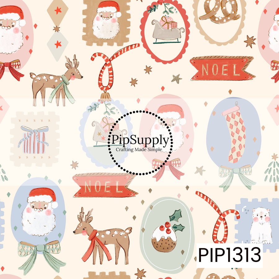 A whimsical vintage-inspired Christmas print filled with festive holiday icons including rosy-cheeked Santas, reindeer, candy canes, stockings, sleighs, presents, Christmas pudding, bows, and “Noel” signs. Soft pink, powder blue, sage, red, and warm neutral tones give the design a playful nostalgic holiday feel.
