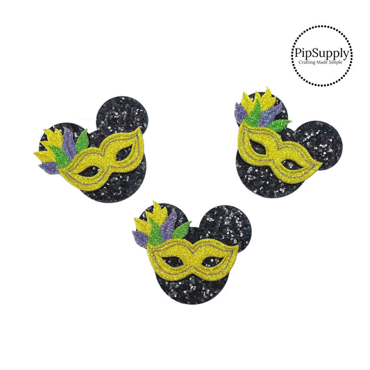 yellow carnival mask  and mardi gras feathers on mouse ears embellishment