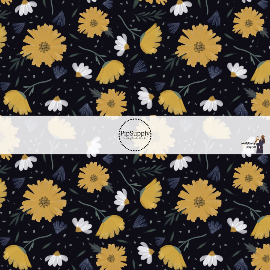 Navy blue fabric by the yard with white and yellow florals.