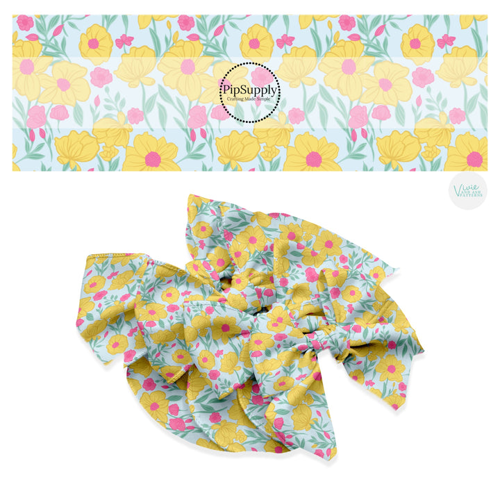 These spring floral pattern themed no sew bow strips can be easily tied and attached to a clip for a finished hair bow. These patterned bow strips are great for personal use or to sell. These bow strips features yellow and pink poppies on blue.