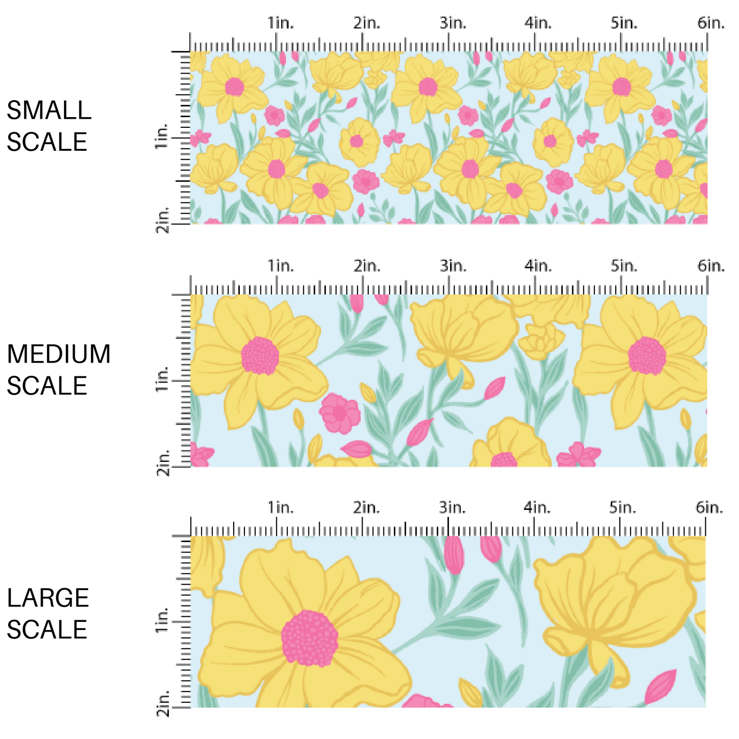 Yellow and Pink Spring Florals on Blue Fabric by the Yard scaled image guide.