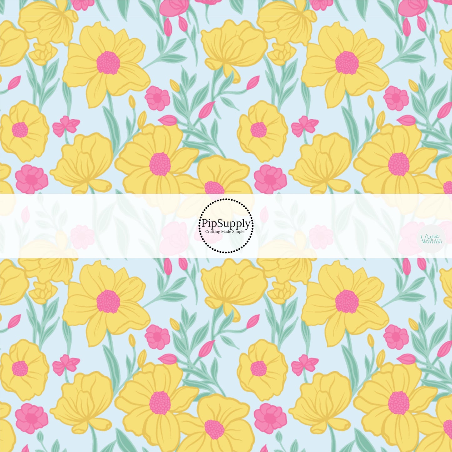 Yellow and Pink Spring Florals on Blue Fabric by the Yard.