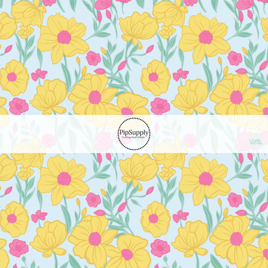 Yellow and Pink Spring Florals on Blue Fabric by the Yard.