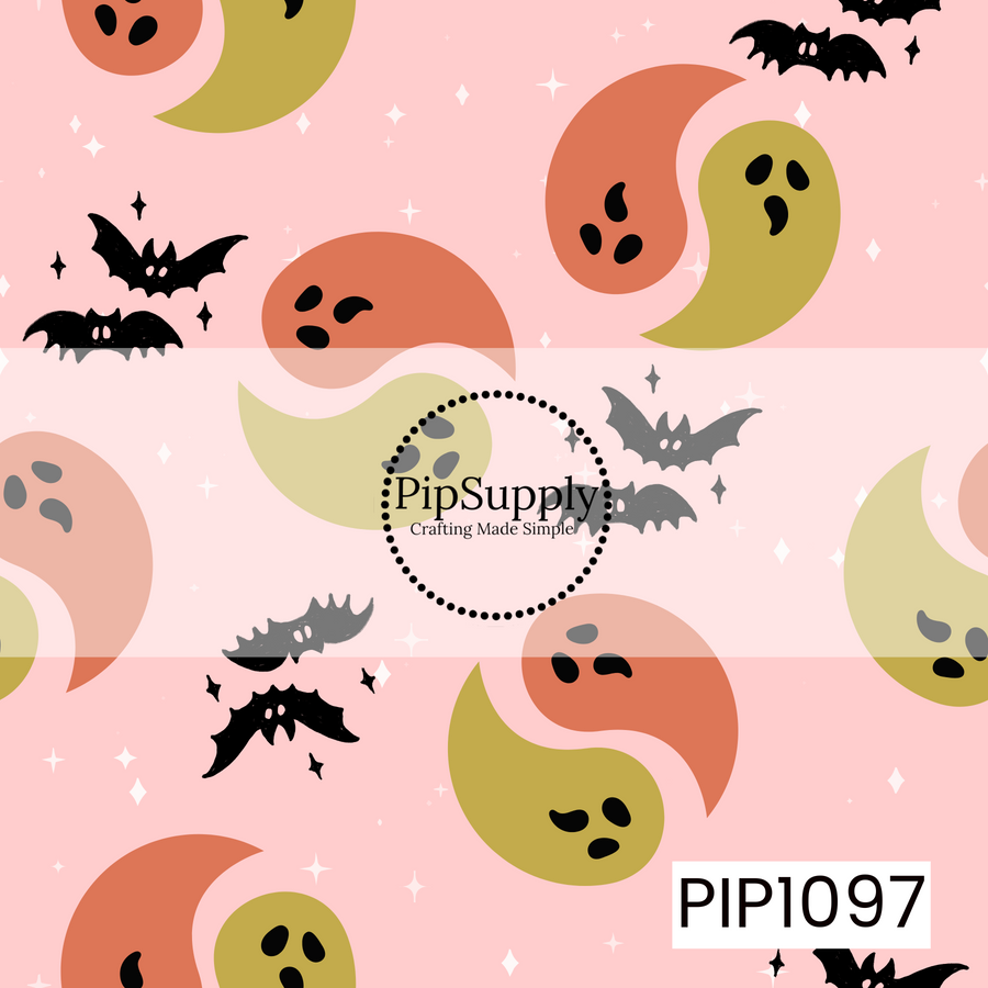 A playful Halloween seamless pattern featuring adorable yin-yang ghosts in warm orange and olive green, paired with flying black bats, tiny twinkling stars, and a soft pink background for a fun mix of spooky and cute.

