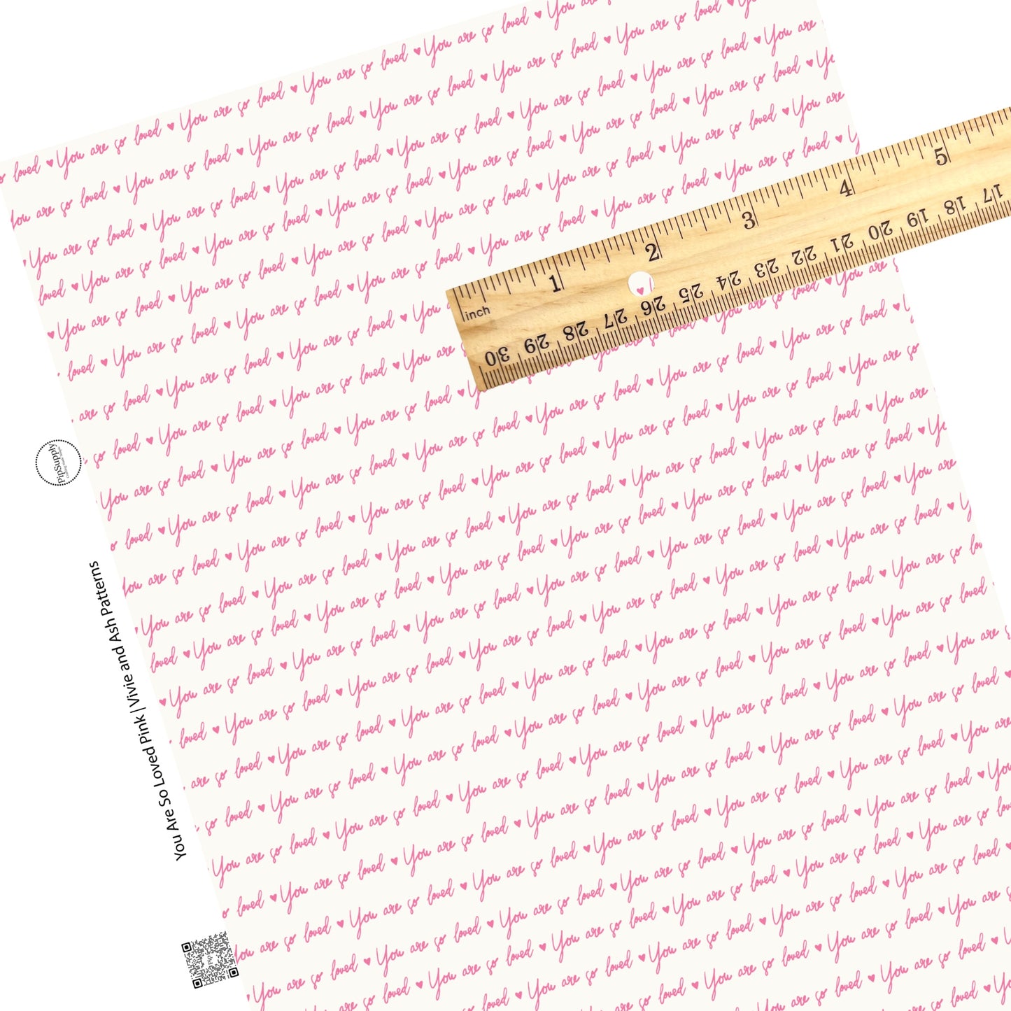 These Valentine's pattern themed faux leather sheets contain the following design elements: pink colored wording of "You Are So Loved" on cream. Our CPSIA compliant faux leather sheets or rolls can be used for all types of crafting projects.
