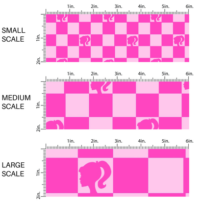 Light pink and hot pink checkered print and doll silhouette fabric by the yard scaled image guide.