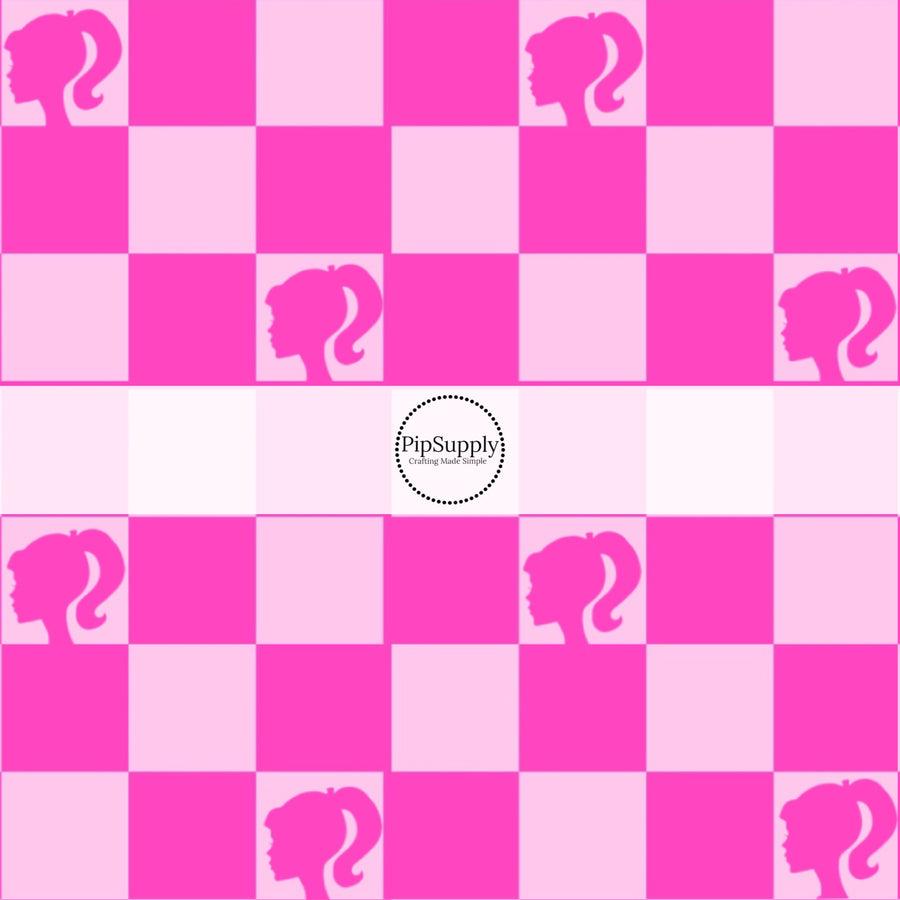 Light pink and hot pink checkered print and doll silhouette fabric by the yard.