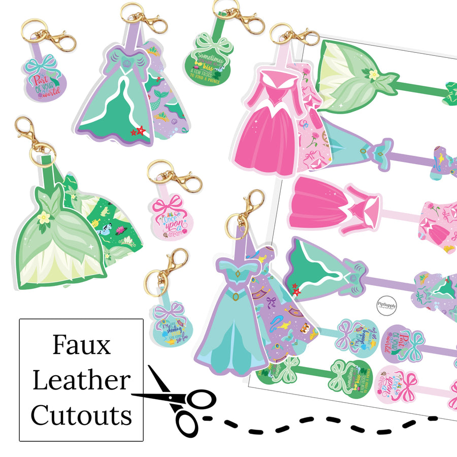 These princess dresses themed faux leather sheets are ready to cut and assemble for many craft projects. These patterned cutouts can be used to make fold over keychains, photo props, scrapbooks, party or classroom decorations, bulletin board trim or anything creative!
