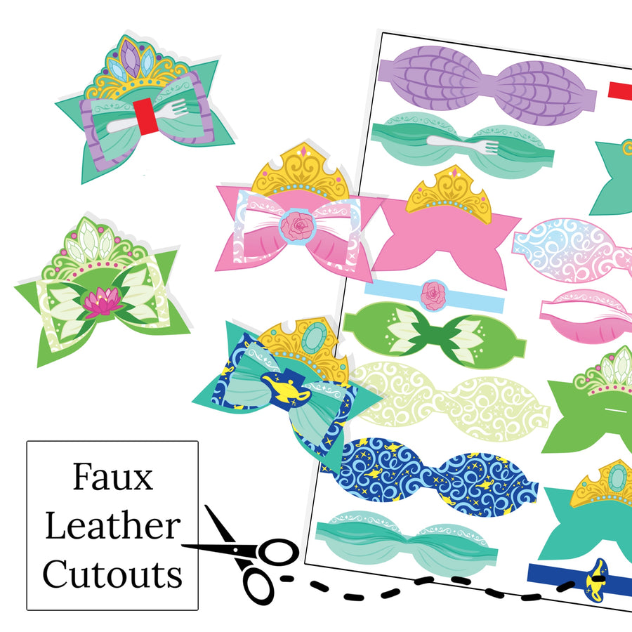 These princess crown themed layered faux leather bows are ready to cut and assemble for many craft projects. These patterned cutouts can be used to make a hair bow, headband, banner, photo props, scrapbook, party or classroom decorations, bulletin board trim or anything creative!