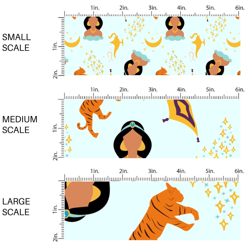 This scale chart of small scale, medium scale, and large scale of this magical adventure inspired fabric by the yard features the following design: princess, tigers, magic blankets, and stars on light blue. This fun themed fabric can be used for all your sewing and crafting needs!