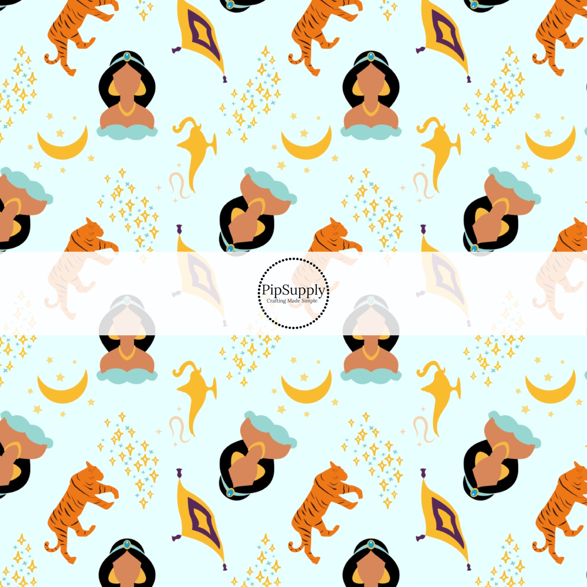 This magical adventure inspired fabric by the yard features the following design: princess, tigers, magic blankets, and stars on light blue. This fun themed fabric can be used for all your sewing and crafting needs!