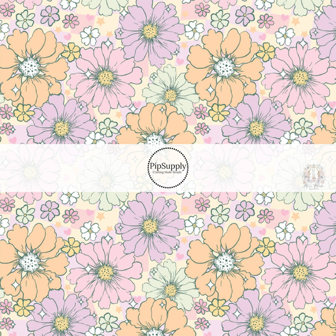 Pastel Flowers on Purple Checker Hair Bow Strips