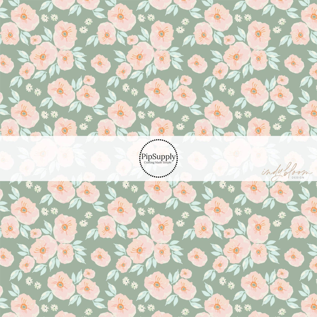 Light Peach Pansies on Sage Hair Bow Strips