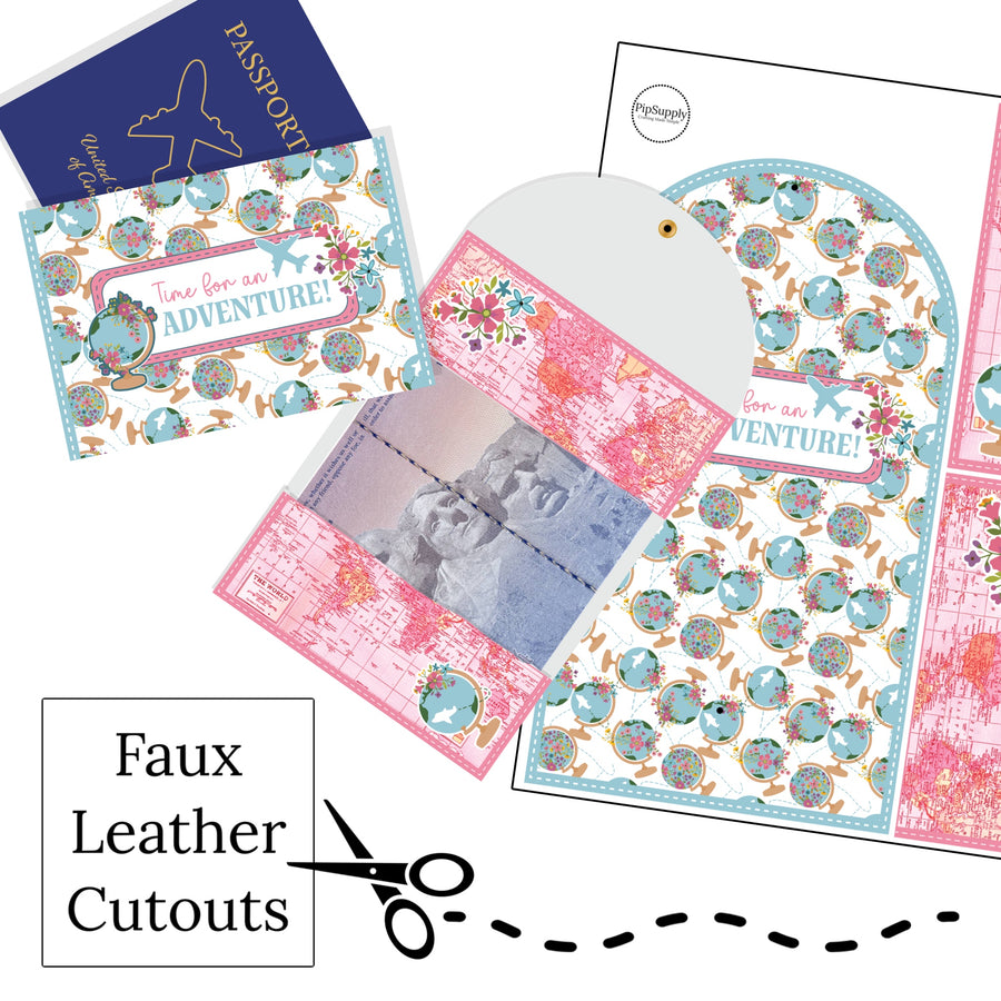 These travel themed passport cover faux leather sheets are ready to cut, assemble and put on your passport before your next trip!