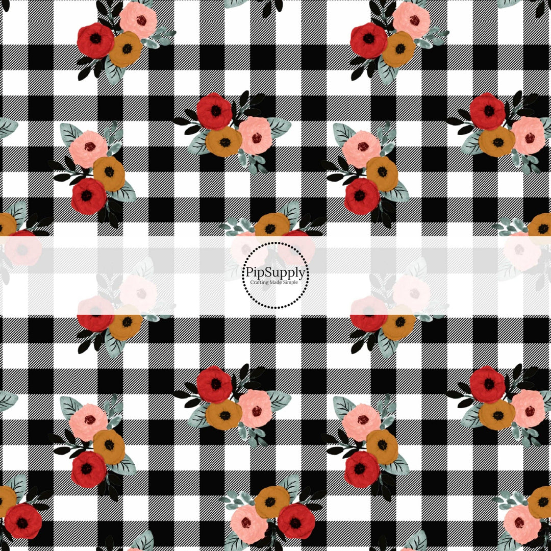 Black White Checkered Peony Bunches Fabric By The Yard