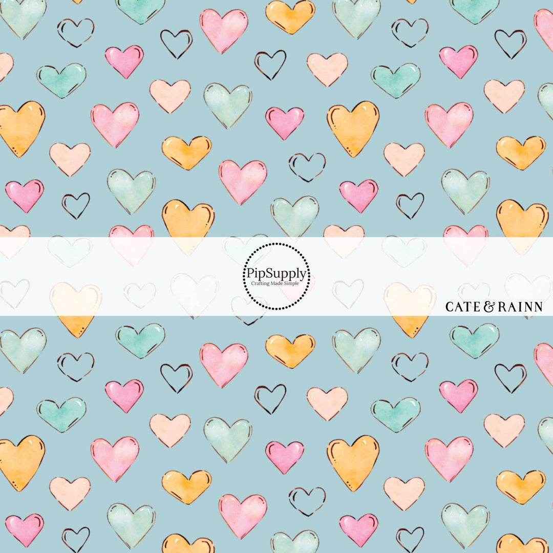 Watercolor Heart Doodles Baby Blue Hair Bow Strips