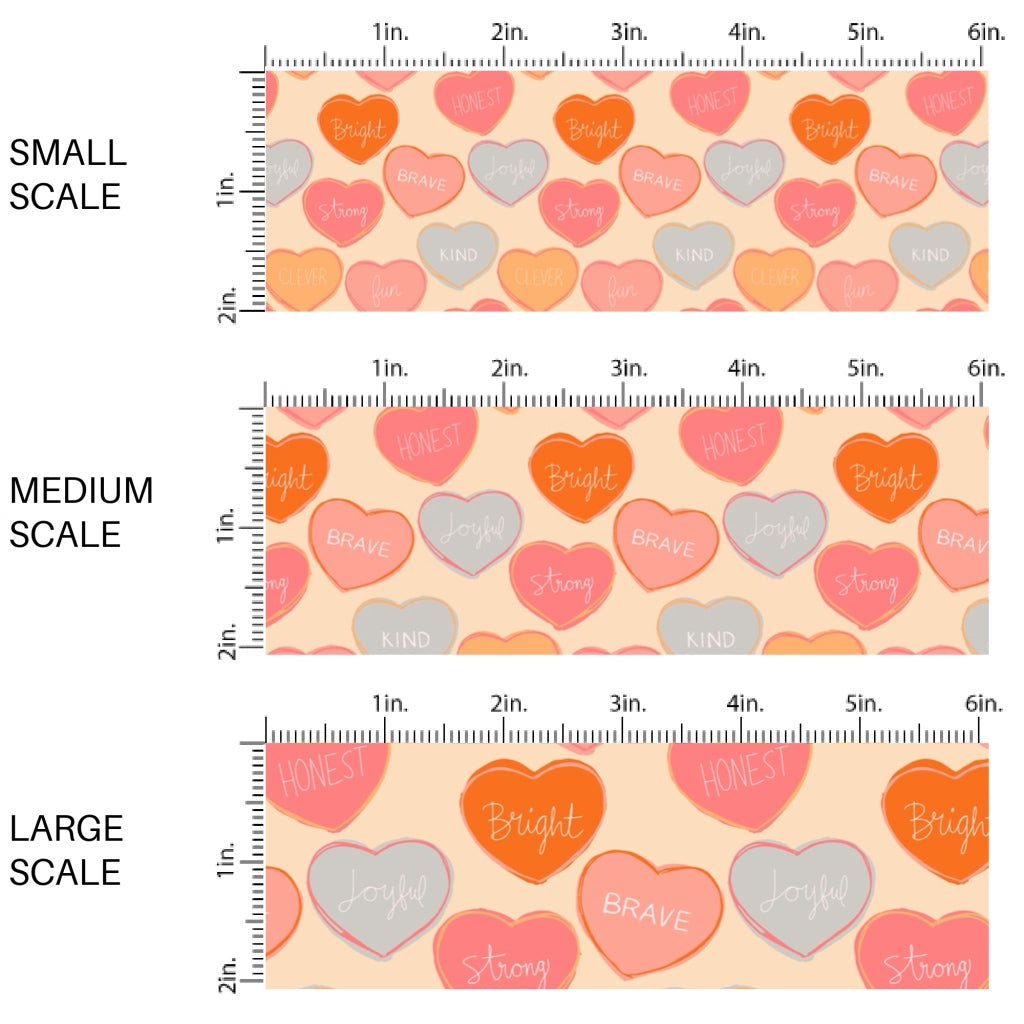 This holiday fabric by the yard features affirmation phrases on hearts. This festive pattern fabric can be used for all your sewing and crafting needs!