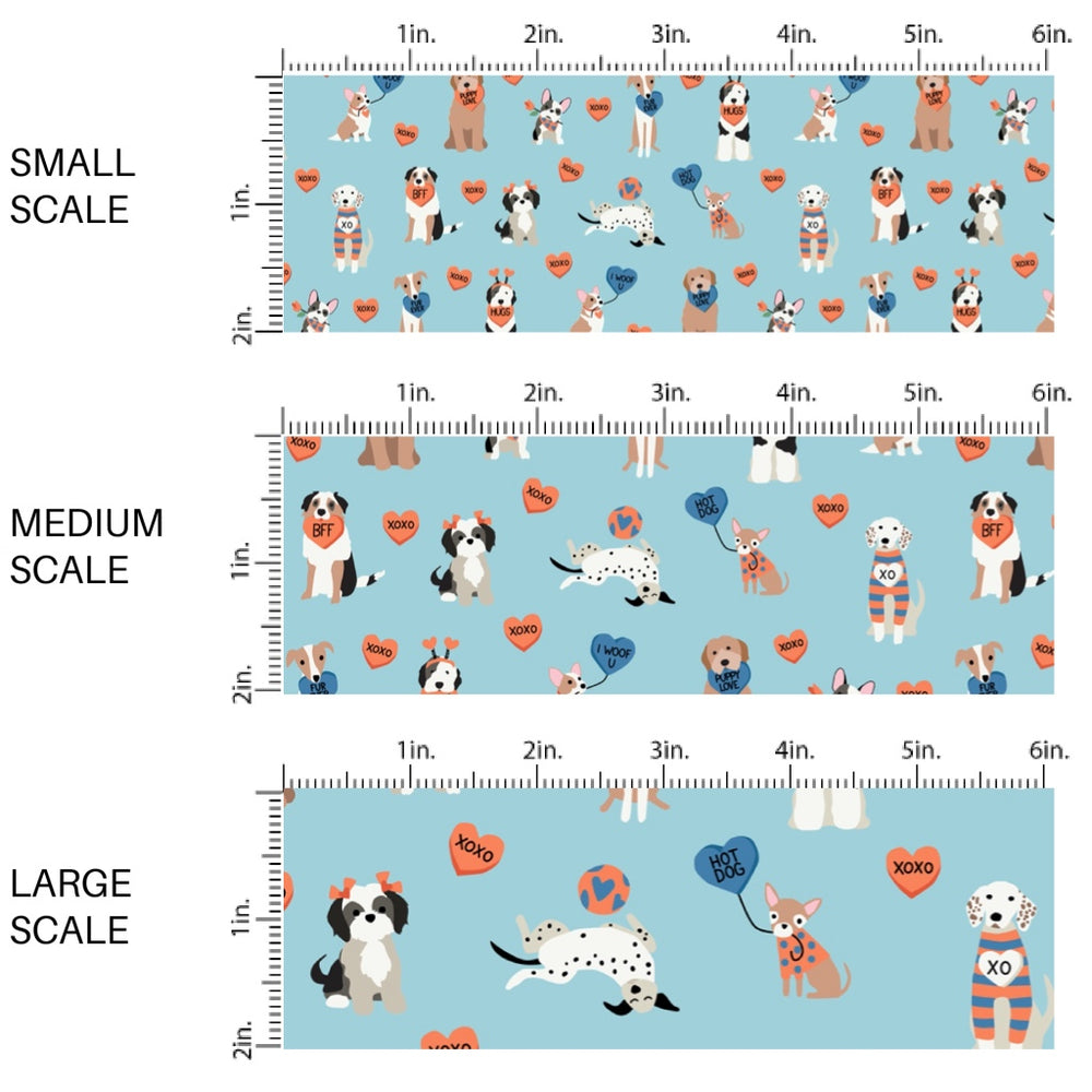 This holiday fabric by the yard features dogs and hearts on blue. This festive pattern fabric can be used for all your sewing and crafting needs!