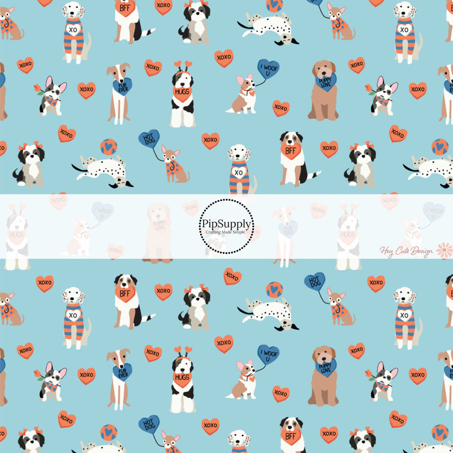 This holiday fabric by the yard features dogs and hearts on blue. This festive pattern fabric can be used for all your sewing and crafting needs!