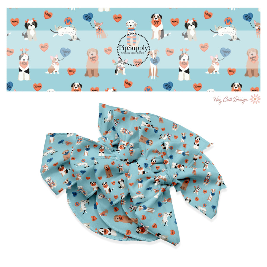 These holiday no sew bow strips can be easily tied and attached to a clip for a finished hair bow. These festive bow strips are great for personal use or to sell. These bow strips feature the following design elements: dogs and hearts on blue.