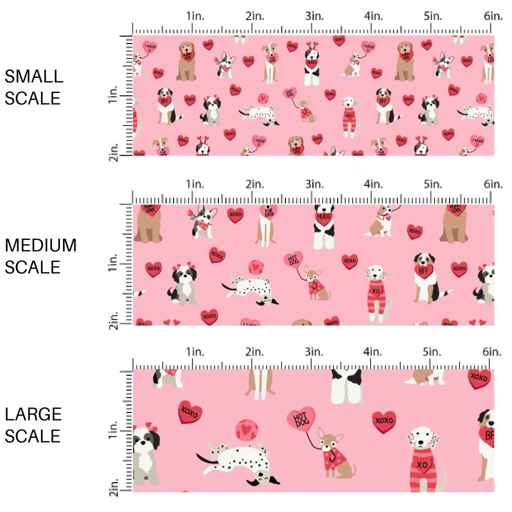 This holiday fabric by the yard features dogs and hearts on pink. This festive pattern fabric can be used for all your sewing and crafting needs!