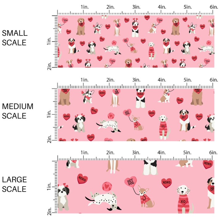 This holiday fabric by the yard features dogs and hearts on pink. This festive pattern fabric can be used for all your sewing and crafting needs!