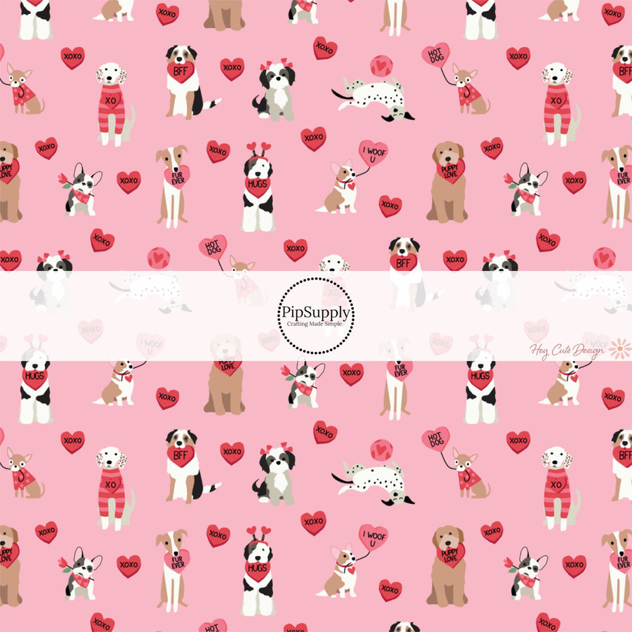 This holiday fabric by the yard features dogs and hearts on pink. This festive pattern fabric can be used for all your sewing and crafting needs!