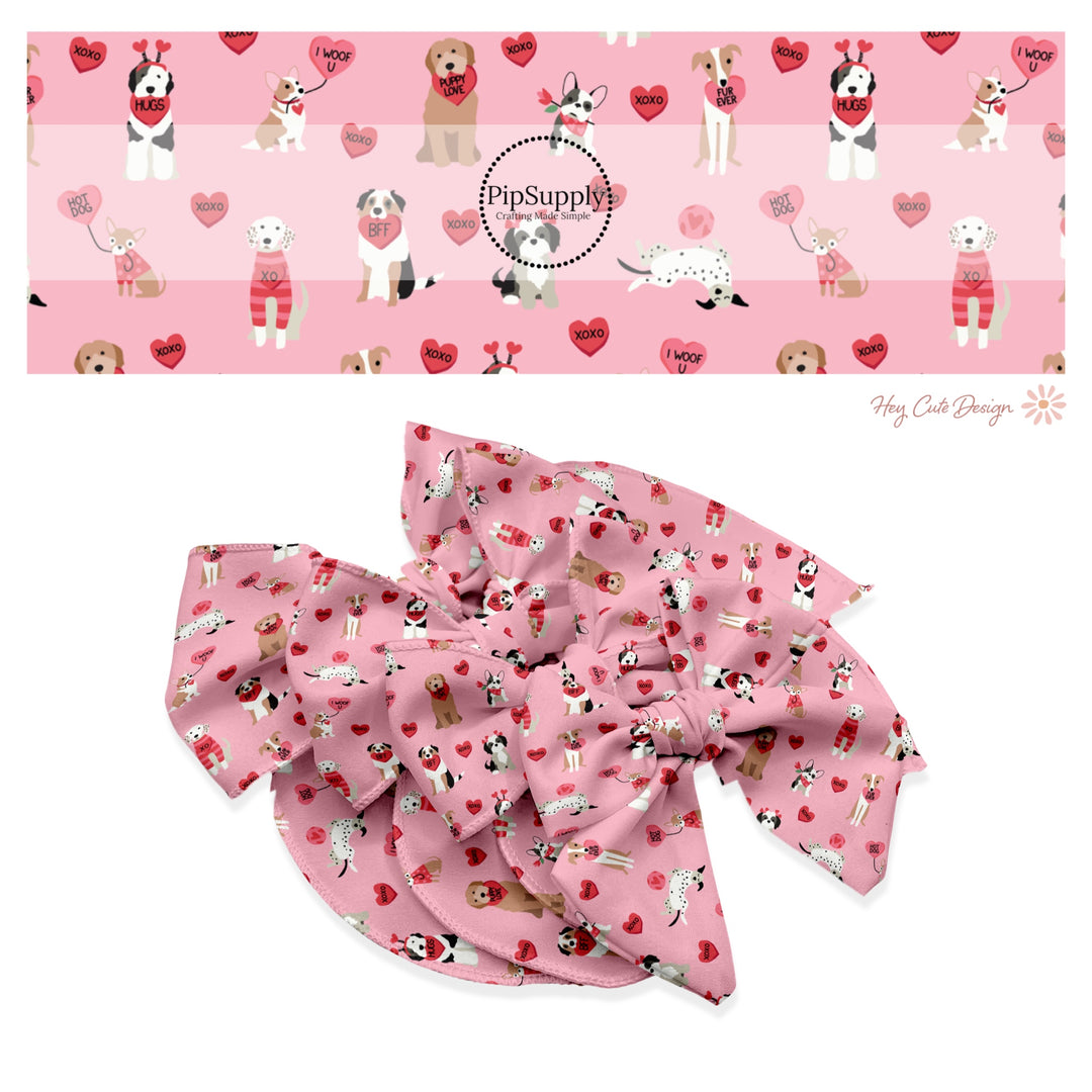 These holiday no sew bow strips can be easily tied and attached to a clip for a finished hair bow. These festive bow strips are great for personal use or to sell. These bow strips feature the following design elements: dogs and hearts on pink.