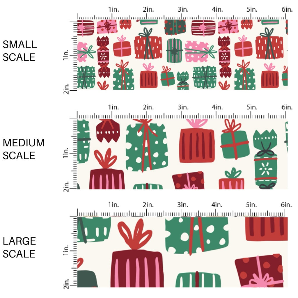 These Christmas themed pattern fabric by the yard features the following design elements: red, green, and pink wrapped presents on cream. This fun themed fabric can be used for all your sewing and crafting needs!