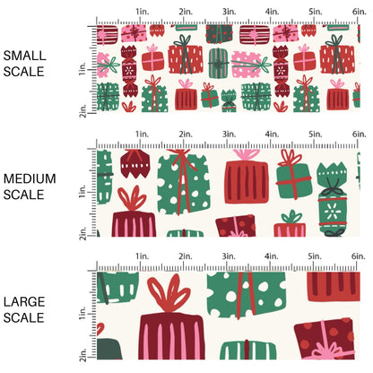 These Christmas themed pattern fabric by the yard features the following design elements: red, green, and pink wrapped presents on cream. This fun themed fabric can be used for all your sewing and crafting needs!