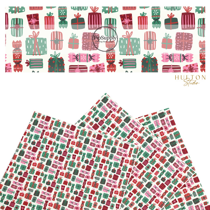 These Christmas themed pattern faux leather sheets contain the following design elements: red, green, and pink wrapped presents on cream. Our CPSIA compliant faux leather sheets or rolls can be used for all types of crafting projects.