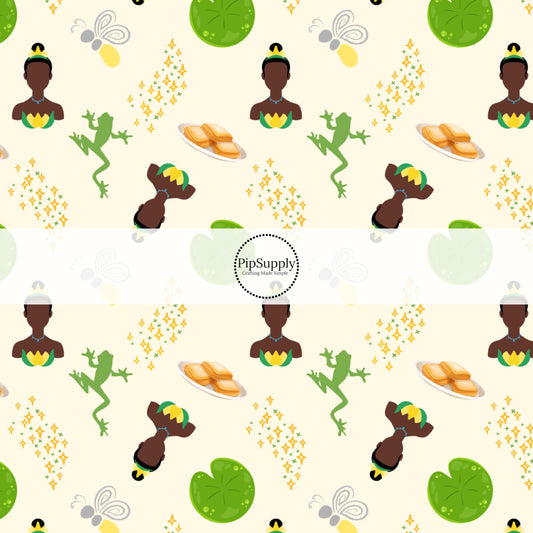 This magical adventure inspired fabric by the yard features the following design: princess, frogs, lily pads, and fireflies on light yellow. This fun themed fabric can be used for all your sewing and crafting needs!