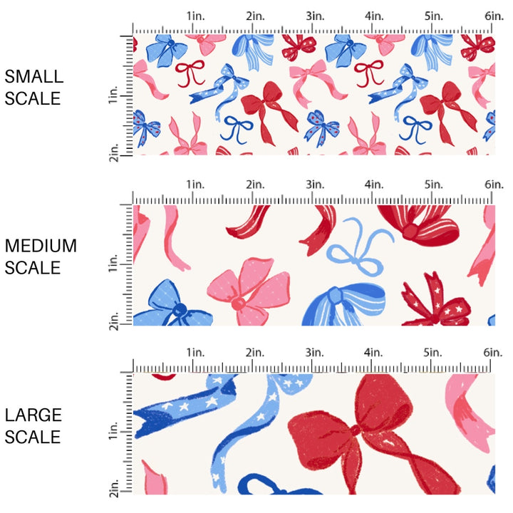 This scale chart of small scale, medium scale, and large scale of this 4th of July fabric by the yard features red, pink, and blue patterned bows on cream. This fun patriotic themed fabric can be used for all your sewing and crafting needs!