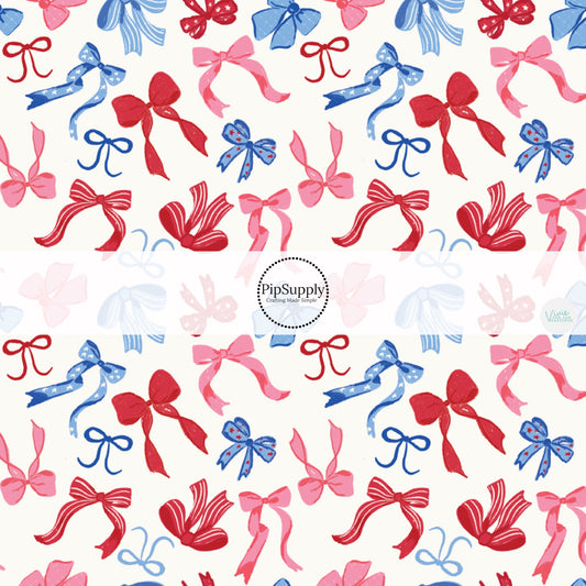 This 4th of July fabric by the yard features red, pink, and blue patterned bows on cream. This fun patriotic themed fabric can be used for all your sewing and crafting needs!