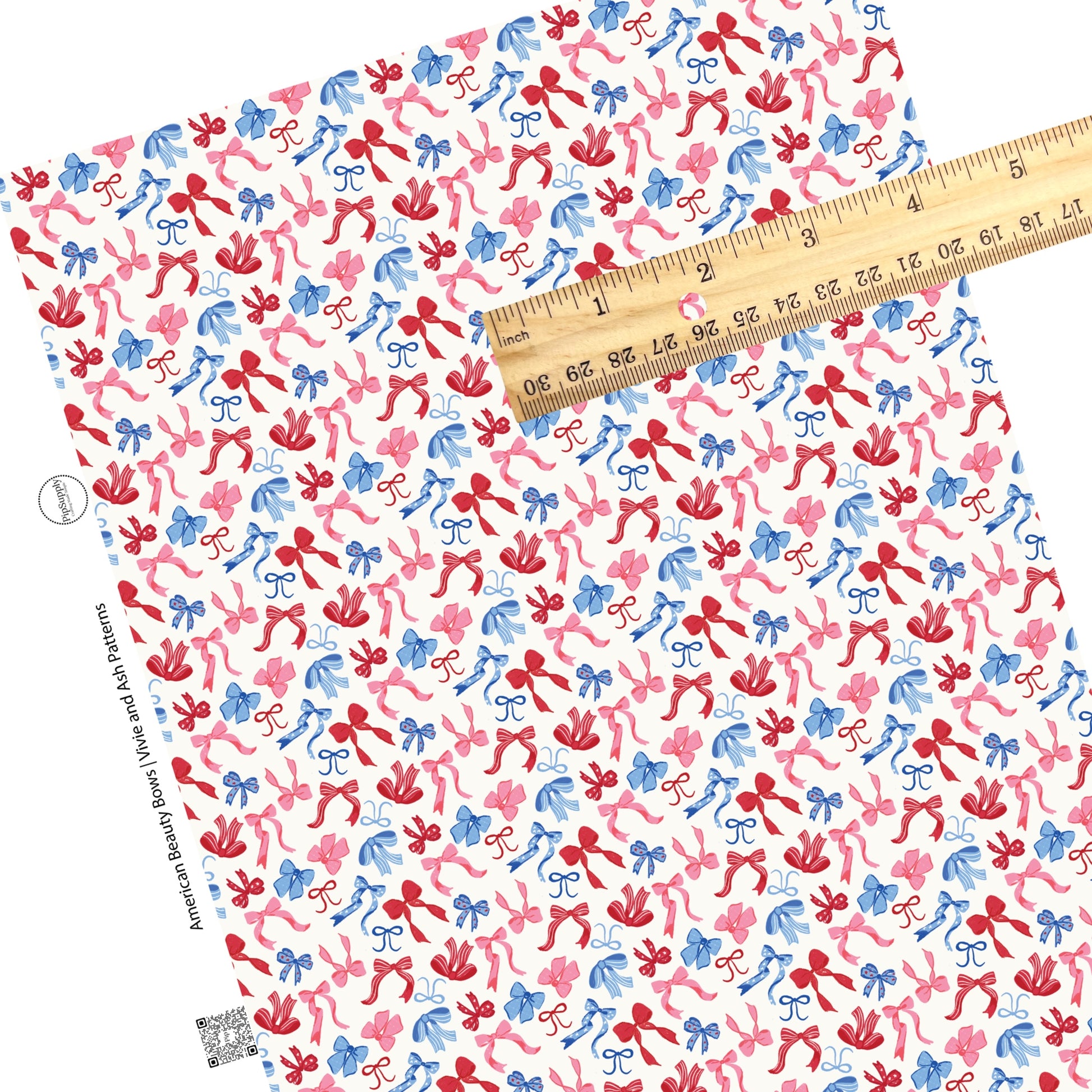 These 4th of July faux leather sheets contain the following design elements: red, pink, and blue patterned bows on cream. Our CPSIA compliant faux leather sheets or rolls can be used for all types of crafting projects.