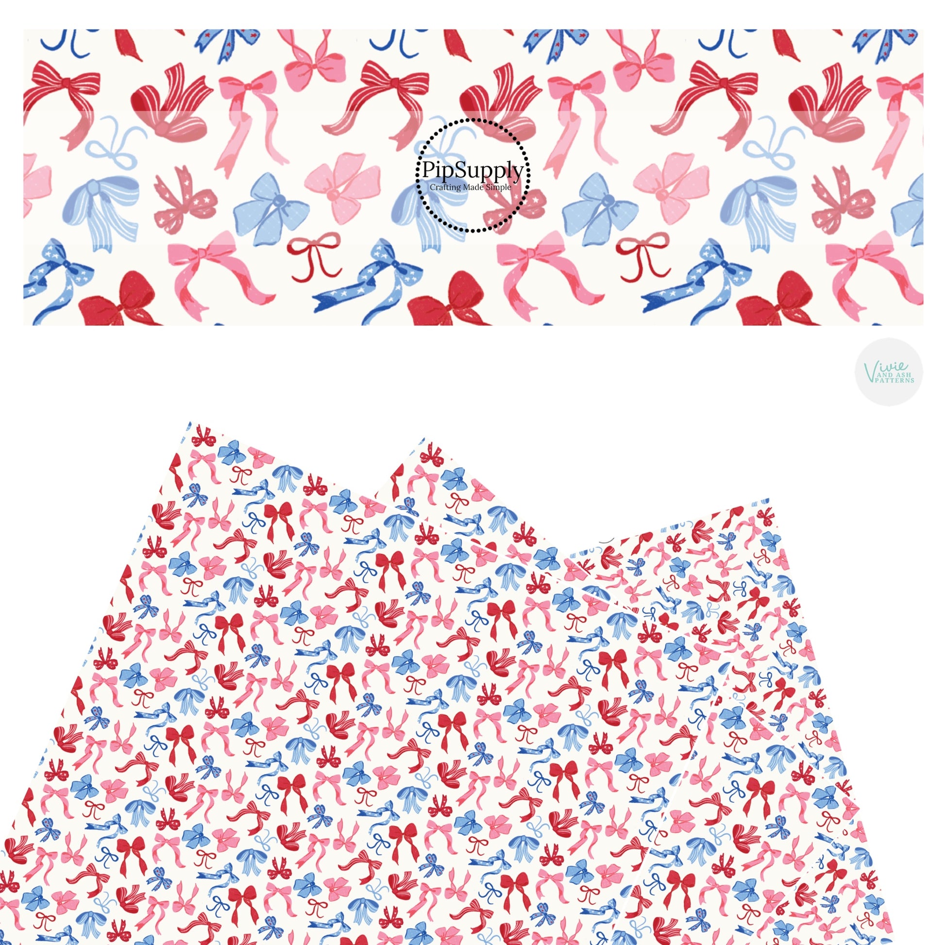 These 4th of July faux leather sheets contain the following design elements: red, pink, and blue patterned bows on cream. Our CPSIA compliant faux leather sheets or rolls can be used for all types of crafting projects.
