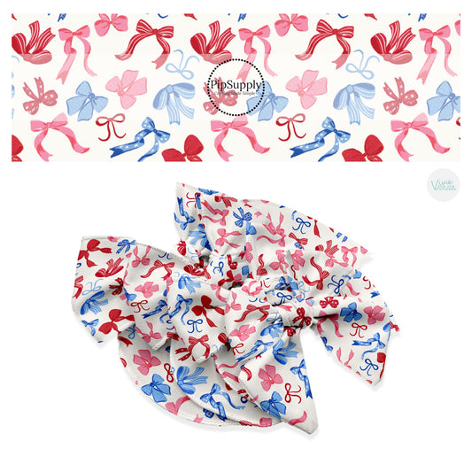 These 4th of July themed no sew bow strips can be easily tied and attached to a clip for a finished hair bow. These patterned bow strips are great for personal use or to sell. These bow strips feature red, pink, and blue patterned bows on cream.