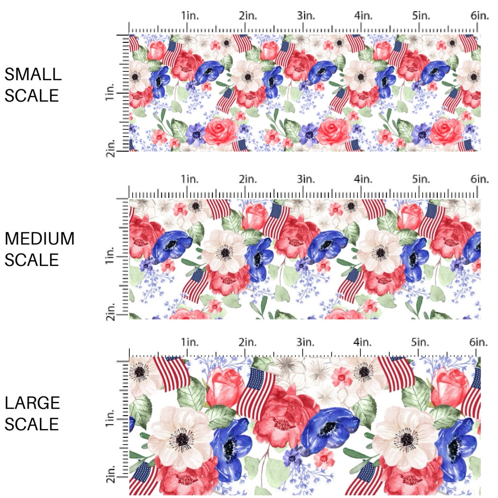 These patriotic fabric by the yard features patriotic flowers and American flags. This fun pattern fabric can be used for all your sewing and crafting needs!