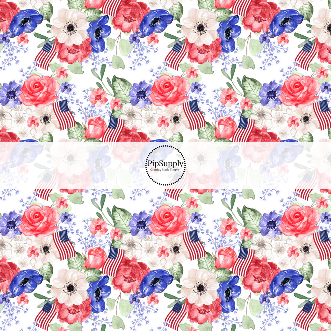 These patriotic fabric by the yard features patriotic flowers and American flags. This fun pattern fabric can be used for all your sewing and crafting needs!